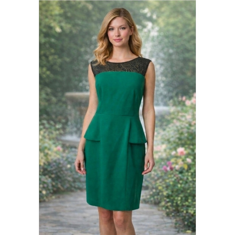 Tahari Arthur S Levine Green Peplum Sheath Dress Sequin Lace Yoke Size 8